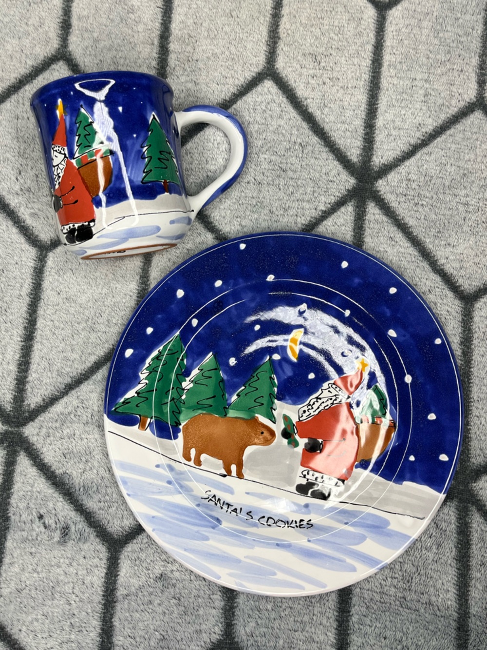 Mesa International Hand-Painted Blue Santa’s Cookies Ceramic Plate Mug Hungary